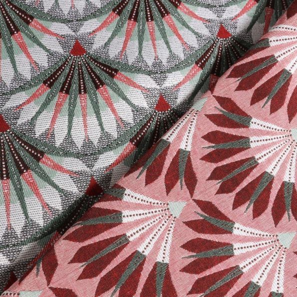 Tissu Jacquard Éventails verts et rose sur fond Vert - Par 10 cm