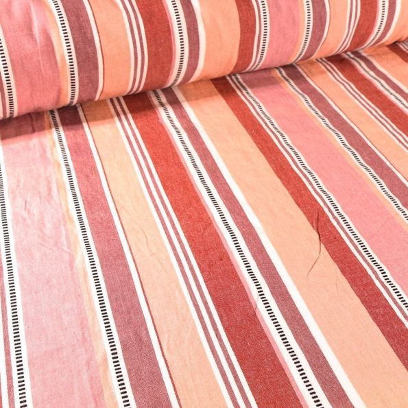Tissu Toile Coton aspect lin Rayures terracota sur fond Rose - Par 10 cm