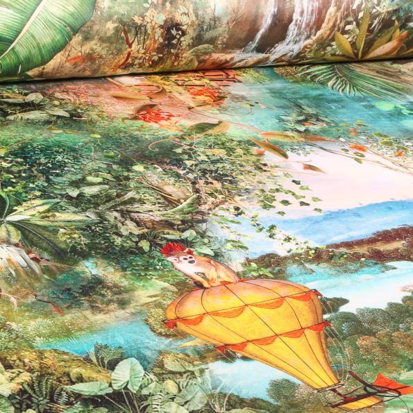 Tissu Velours d'ameublement épais tout doux Jungle trip sur fond Vert - Par 10 cm