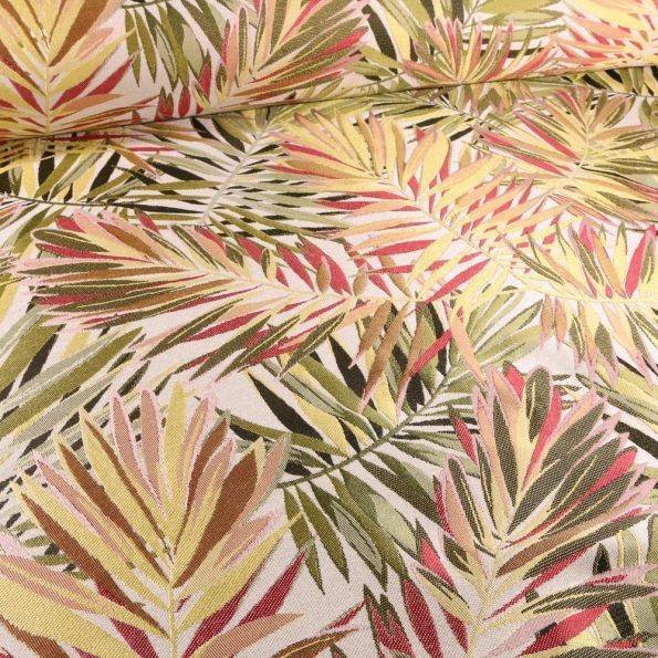 Tissu Toile jacquard Feuilles tropicales sur fond Blanc cassé - Par 10 cm