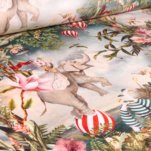 Tissu Velours d'ameublement épais tout doux Cirque et végétations sur fond Beige - Par 10 cm