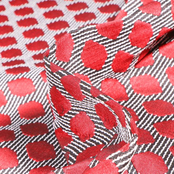 Tissu Jacquard Rayures noires et pois rouges sur fond Blanc - Par 10 cm