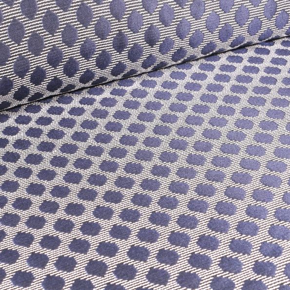 Tissu Jacquard Rayures noires pois bleus sur fond Blanc - Par 10 cm