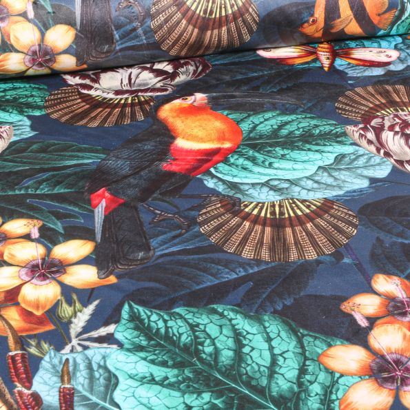 Tissu Velours d'ameublement ras épais tout doux Toucan Tropic sur fond Bleu marine - Par 10 cm