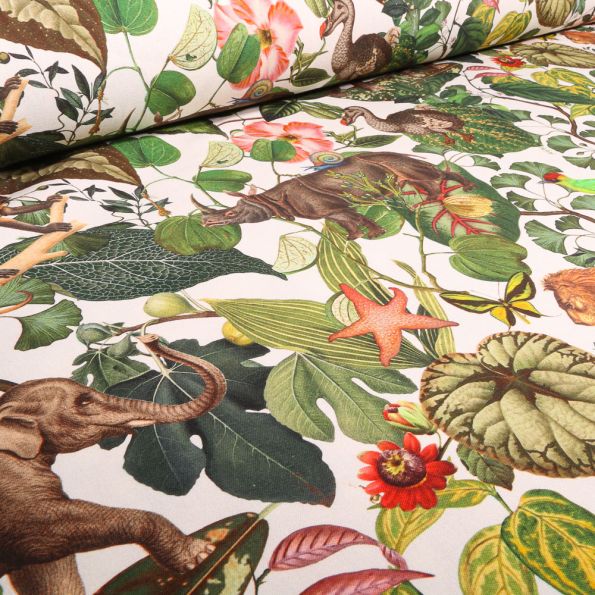 Tissu Toile de Coton Bachette Jardin extraordinaire sur fond Blanc cassé - Par 10 cm