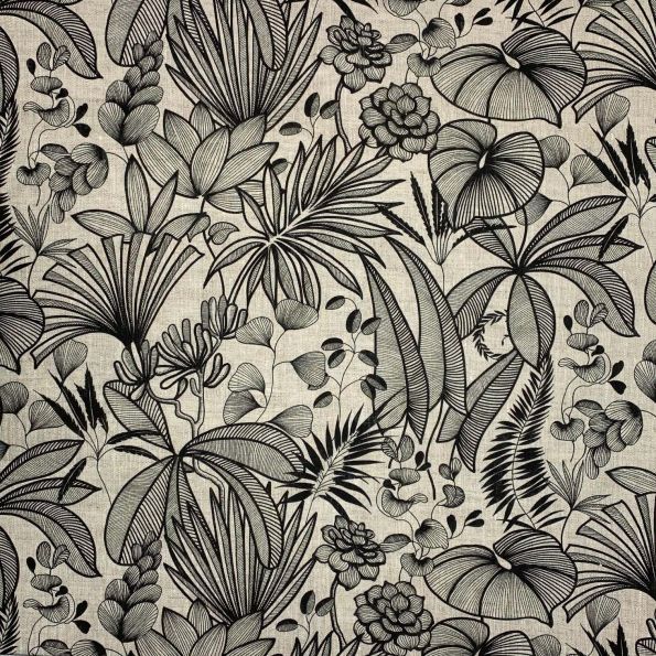 Tissu Toile de Coton Feuilles et fleurs exotique sur fond Naturel - Par 10 cm