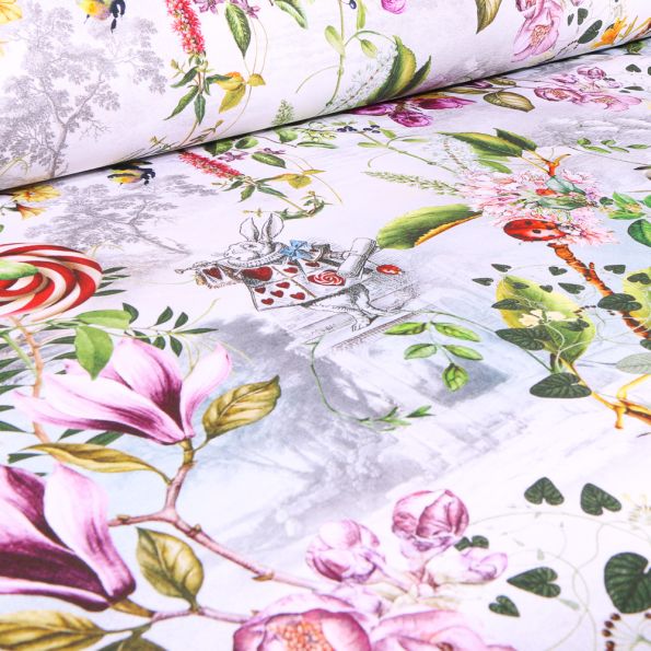 Tissu Toile de coton Alice au pays des merveilles sur fond Blanc - Par 10 cm