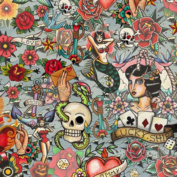 Tissu Velours d'ameublement Tattoo sur fond Gris - Par 10 cm