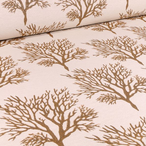 Tissu Jacquard Arbres lurex dorés sur fond Ecru - Par 10 cm