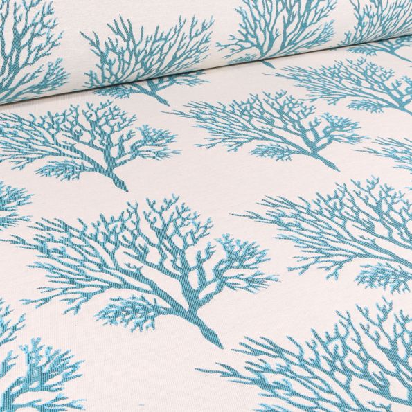 Tissu Jacquard Arbres lurex turquoise sur fond Ecru - Par 10 cm
