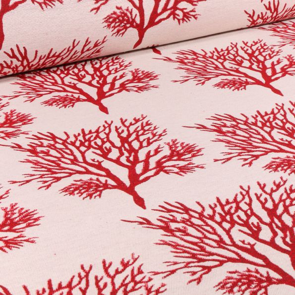 Tissu Jacquard Arbres lurex rouge sur fond Ecru - Par 10 cm