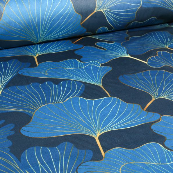 Tissus Velours ras épais tout doux Gingko Tiffany sur fond Bleu - Par 10 cm