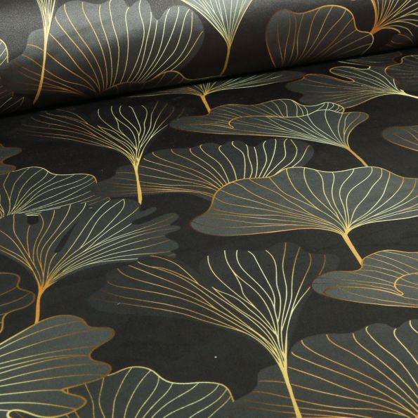Tissus Velours ras épais tout doux Gingko Tiffany or sur fond Noir - Par 10 cm
