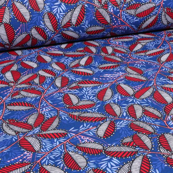 Tissu Toile de Coton Feuillages piquants sur fond Bleu - Par 10 cm