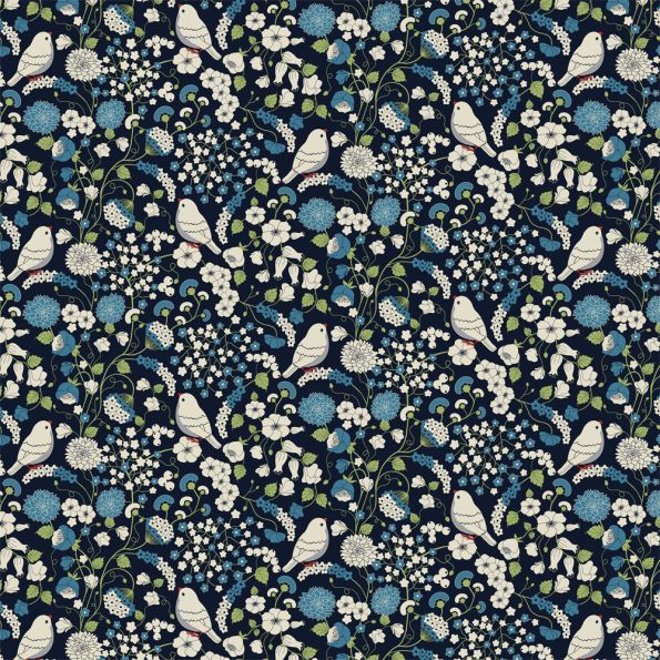 Tissu Viscose Birds flowers sur fond Bleu marine - Par 10 cm