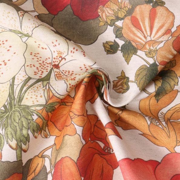 Tissu Polycoton Fleurs d'Automne Orange sur fond Ecru - Par 10 cm