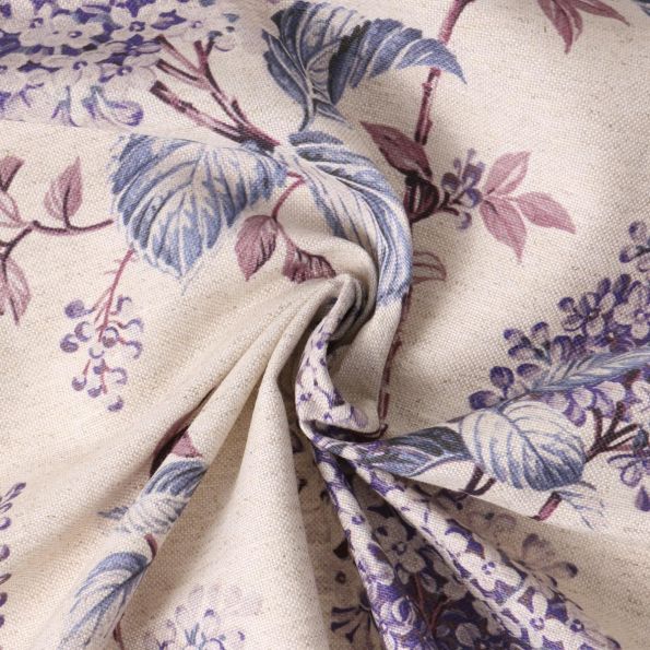 Tissu Toile Polycoton Anéa fleurs lilas Lavande sur fond Beige - Par 10 cm