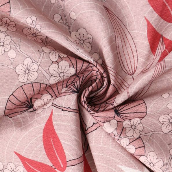 Tissu Toile Canvas Sayaka grues japonaises Blanches sur fond Rose - Par 10 cm