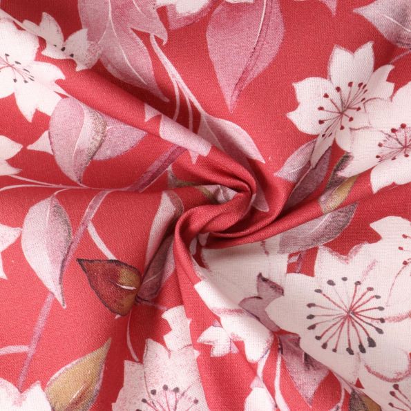 Tissu Toile Canvas Sakura Aquarelle Blanches sur fond Rouge - Par 10 cm