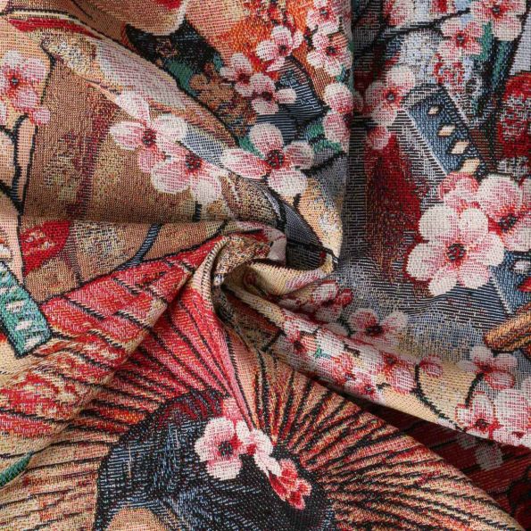 Tissu Jacquard Hanami femmes en Kimono sur fond Beige - Par 10 cm