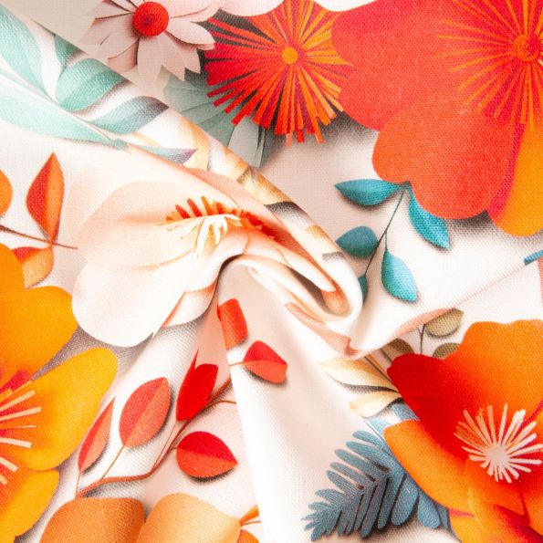 Tissu Toile de Coton Corolles orange et bleu sur fond Blanc - Par 10 cm