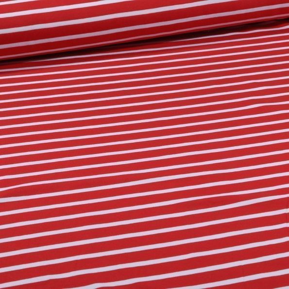Tissu Jersey Coton marinière Rayures blanches sur fond Rouge - Par 10 cm