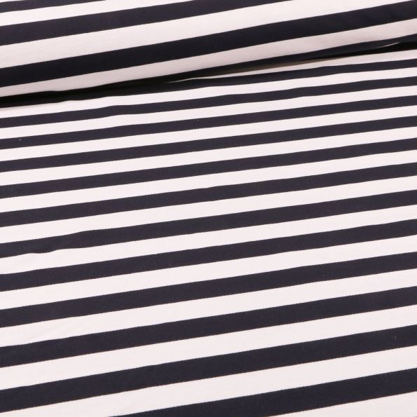 Tissu Jersey Coton marinière Rayures blanches sur fond Bleu marine - Par 10 cm