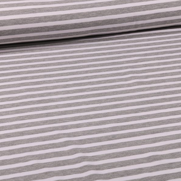 Tissu Jersey Coton marinière épais Rayures blanches sur fond Gris clair chiné - Par 10 cm