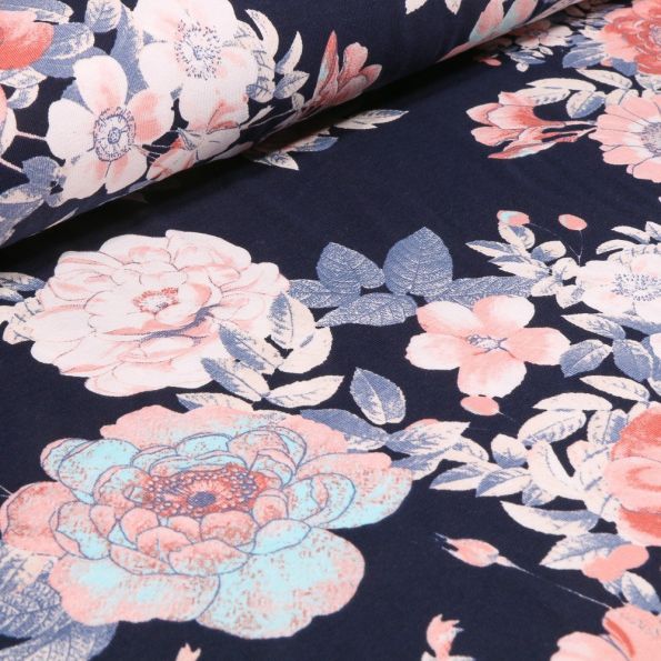 Tissu Jersey Coton Grandes fleurs pastel sur fond Bleu marine - Par 10 cm