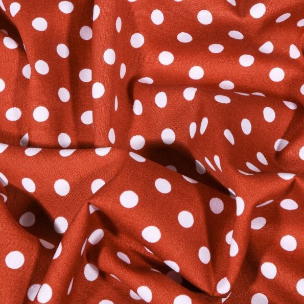 Tissu Coton imprimé Pois blancs 7 mm sur fond Brique - Par 10 cm