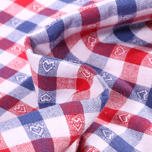 Tissu Vichy jacquard Cœurs rouges et bleus sur fond Blanc - Par 10 cm