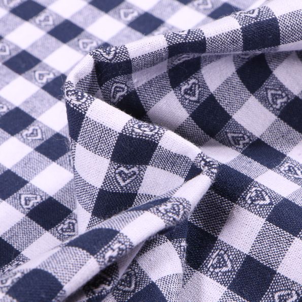 Tissu Vichy jacquard Cœurs bleu marine sur fond Blanc - Par 10 cm