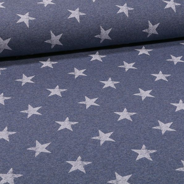 Tissu Jersey coton envers gratté Etoiles sur fond Bleu chiné - Par 10 cm