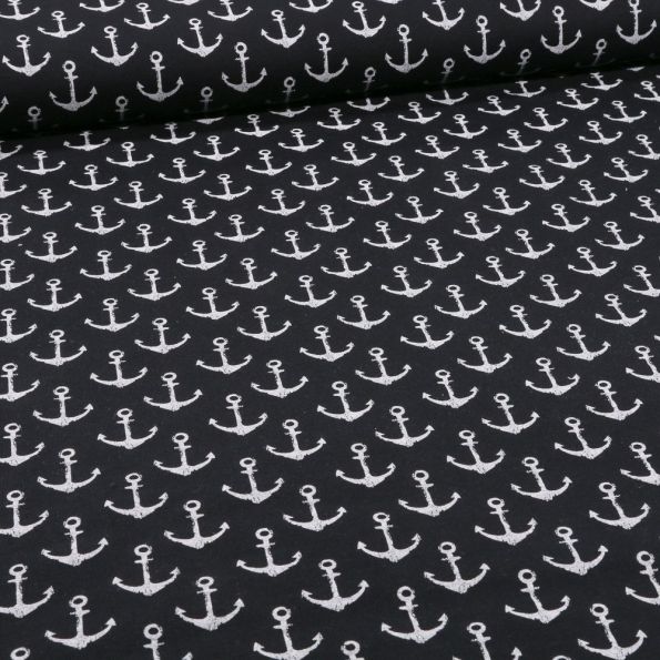 Tissu Jersey Coton envers gratté Ancres marines sur fond Noir - Par 10 cm