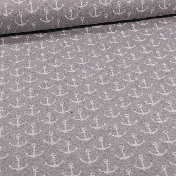 Tissu Jersey Coton envers gratté Ancres marines sur fond Gris clair chiné - Par 10 cm