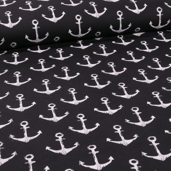 Tissu Jersey coton envers gratté Ancres blanches sur fond Bleu marine - Par 10 cm