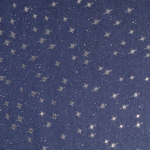 Tissu Jeans Etoiles Argent en relief sur fond Bleu jean - Par 10 cm