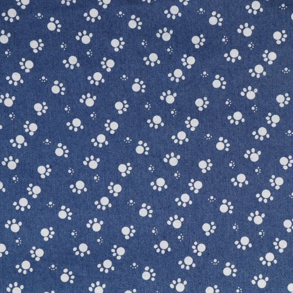 Tissu Denim Jeans léger élasthanne Pattes de chiens Blanc sur fond Bleu jean - Par 10 cm