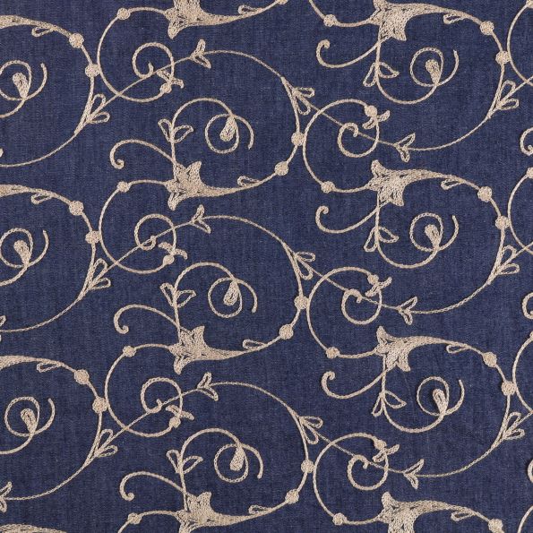 Tissu Denim Jeans léger brodé Arabesques Beiges sur fond Denim - Par 10 cm