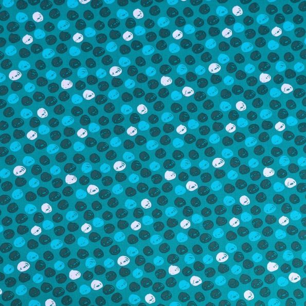 Tissu Coton Pois Bleus, verts et blancs sur fond Vert - Par 10 cm