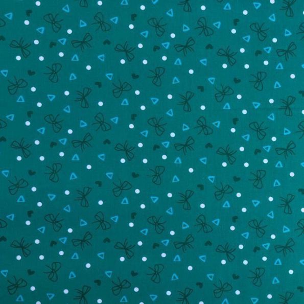 Tissu Coton Imprimé Noeuds, triangles, coeurs et pois Blancs, turquoises et vert foncé sur fond Vert canard - Par 10 cm