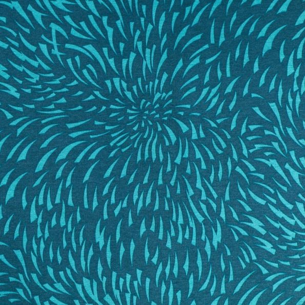 Tissu Sweat envers minky Pétales de fleurs stylisés Verts sur fond Vert canard - Par 10 cm