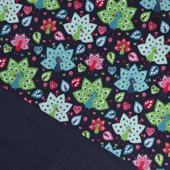 Tissu Softshell envers polaire bleu marine Paons Multicolores sur fond Bleu marine - Par 10 cm