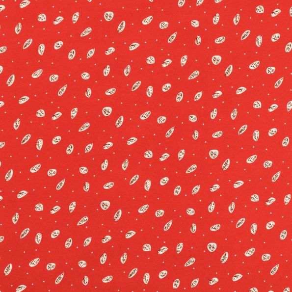 Tissu Crêpe Deluxe Petites Feuilles écru et marrons sur fond Rouge tomette - Par 10 cm