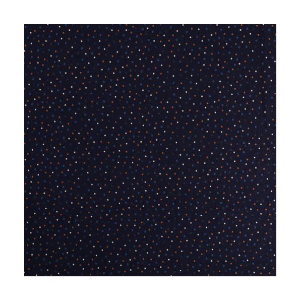 Tissu Jersey Viscose Pois Blancs, bleus, verts et oranges sur fond Bleu marine - Par 10 cm