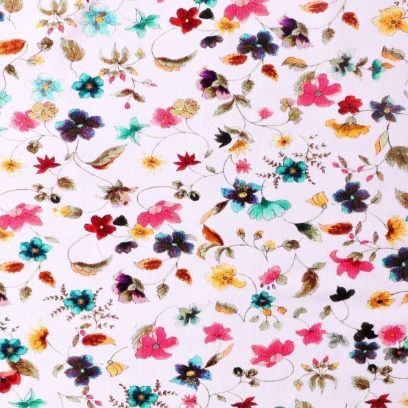 Tissu Jersey Coton Fleuri Multicolore sur fond Blanc - Par 10 cm