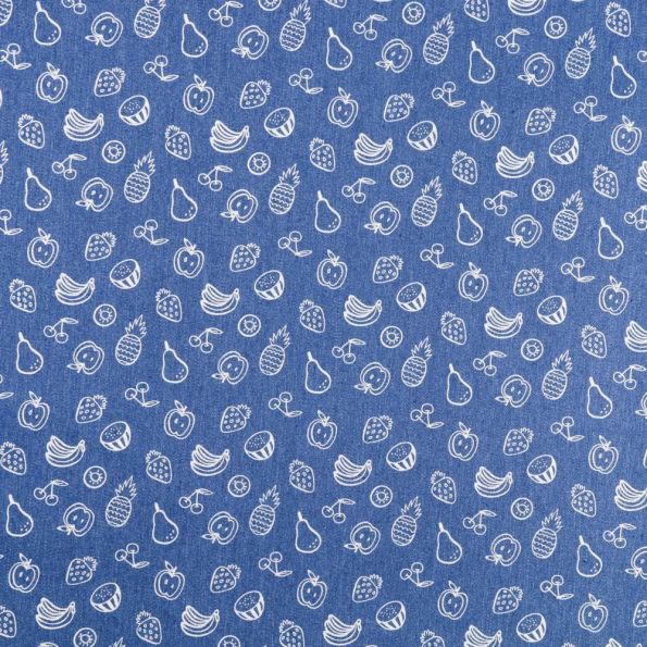 Tissu Denim Jeans léger elasthanne Fruits Blancs sur fond Denim - Par 10 cm