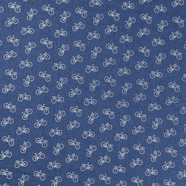 Tissu Denim Jeans léger elasthanne Bicyclettes Blanches sur fond Denim - Par 10 cm