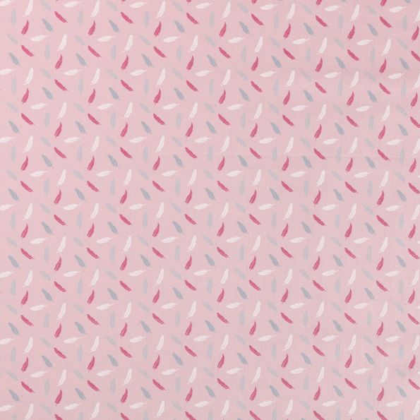 Tissu Coton imprimé Plumes Blanches, grises et fushia sur fond Rose pastel - Par 10 cm
