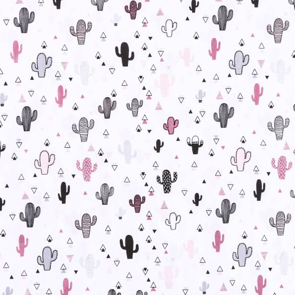 Tissu Coton imprimé Triangles et cactus Noirs, roses et gris sur fond Blanc - Par 10 cm